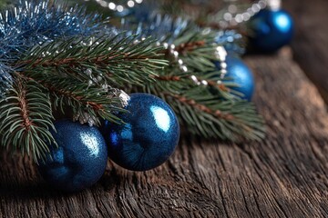 Blue Christmas ornaments and pine branches on a rustic wooden surface. The scene captures a festive holiday atmosphere with shiny decorations.