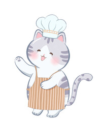 cat is standing in a chef's uniform, cute cat, kawaii cat, flat decorative cat drawing clipart