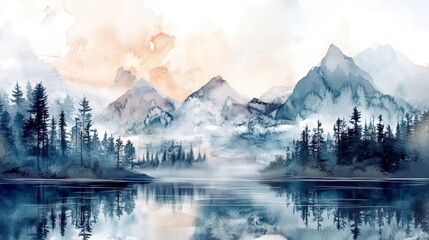 Watercolor-style clipart of mountains, lake, trees, and clouds