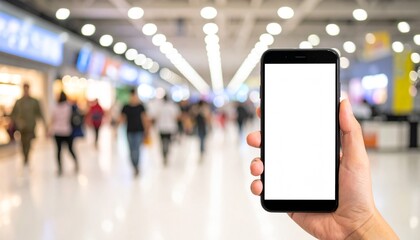 Hand holding a smartphone with blank screen in a blurred shopping mall interior.