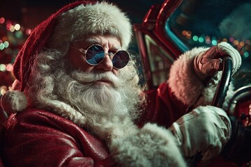An elderly Caucasian man dressed as Santa Claus drives a vintage car. He has a long white beard, wears sunglasses, and is surrounded by colorful holiday lights.