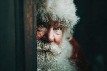 An elderly Caucasian man with a white beard and mustache peeks from behind a door. He wears a red coat and a fluffy white hat, evoking a festive atmosphere.