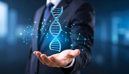 Genetic Innovation Man in Suit Holding a Glowing DNA Strand, Representing Biotechnology and Scientific Advancement