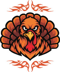 Cartoon illustration of an angry-looking turkey with decorative flame accents.