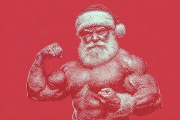 A muscular Santa Claus flexes his biceps, wearing a traditional red Santa hat. The background is a solid red color, emphasizing the festive theme.