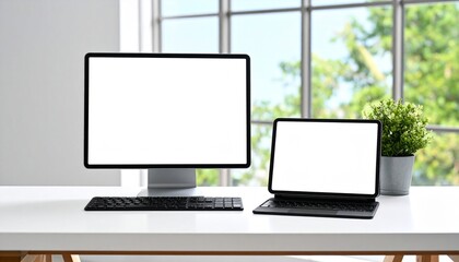 Modern workspace with blank computer screen and tablet, ready for design mockup.