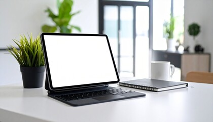 A modern workspace featuring a tablet with a blank screen, a notebook, and a coffee mug.