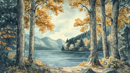 Watercolor illustration of trees along a lake shore