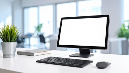 Fototapeta premium Modern office workspace featuring a computer monitor, keyboard, mouse, and plant, with a blank screen.