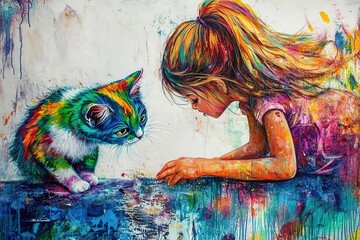 A colorful illustration of a young girl with long hair interacting with a vibrant cat. The scene is filled with bright, abstract colors and textures.