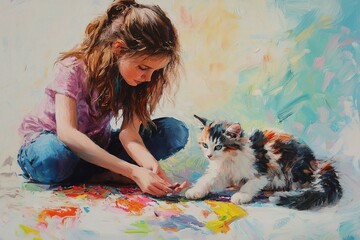 A young Caucasian girl with brown hair sits on the floor, playing with a calico cat. The background features soft, colorful abstract patterns.