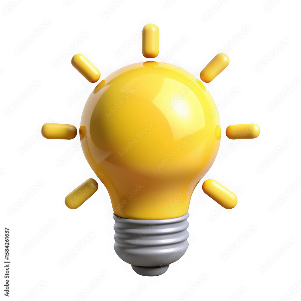 Poster 3d yellow lightbulb idea render isolated on transparent background