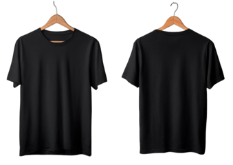 Two black, short-sleeved t-shirts hang on wooden hangers, showcasing front and back views against a black background.  The image provides a clean, minimalist representation of the garment