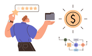 Person holding star and folder, dollar sign with rays, AI process flowchart. Ideal for feedback, organization, finance, AI integration, decision-making customer service innovation. Simple flat