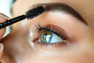 Naklejka premium Exquisite Eye Enhancement: A close-up showcases the precise application of mascara to accentuate a captivating eye, the intricate brushstrokes enhancing natural beauty with skill and precision.