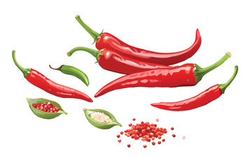 Photorealistic Chili Peppers Vector Illustration Set. Realistic Red and Green Chilis with Gradient Mesh Shading