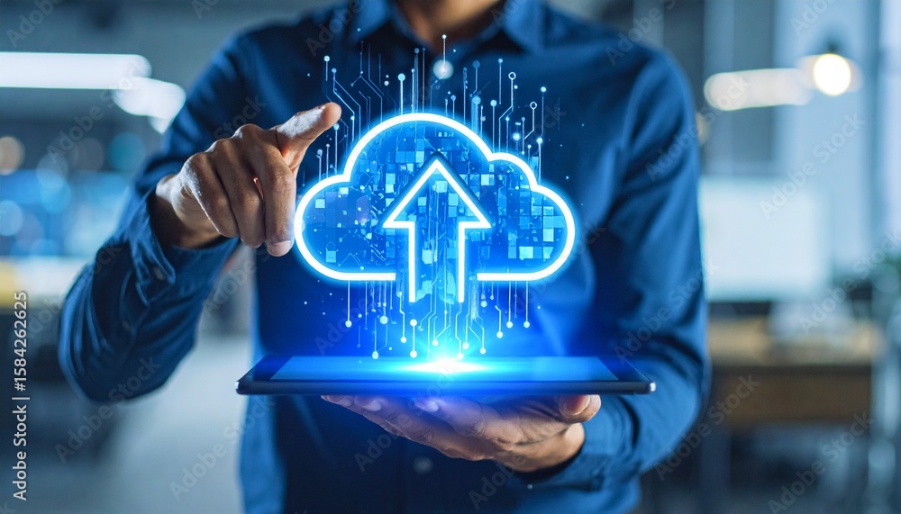 Poster cloud computing innovation man interacting with digital cloud data on tablet for modern technology s