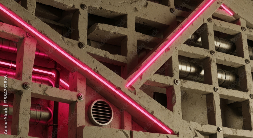 Poster abstract close-up of a concrete wall with a grid pattern and pink neon lights forming an x shape.