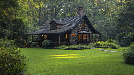 Fototapeta premium Cozy stone cottage house with warm glowing windows surrounded by lush green lawn and dense forest trees, creating peaceful and inviting atmosphere in nature