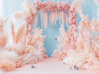 Enchanting pastel floral arrangement with butterflies and delicate plumes