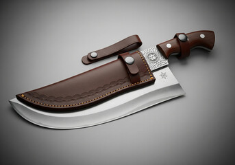 Handcrafted Cleaver with Leather Sheath: A meticulously crafted cleaver with a curved blade, intricate detailing, and a rich brown leather sheath.