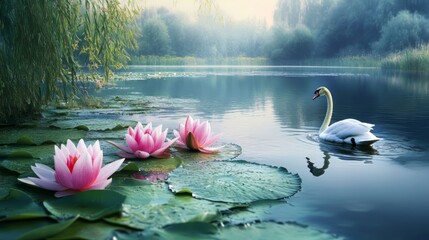 Water lily and swan on a beautiful calm lake