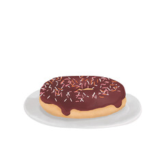 Cartoon Style Chocolate Donut with Colorful Sprinkles on White Plate – Food Illustration