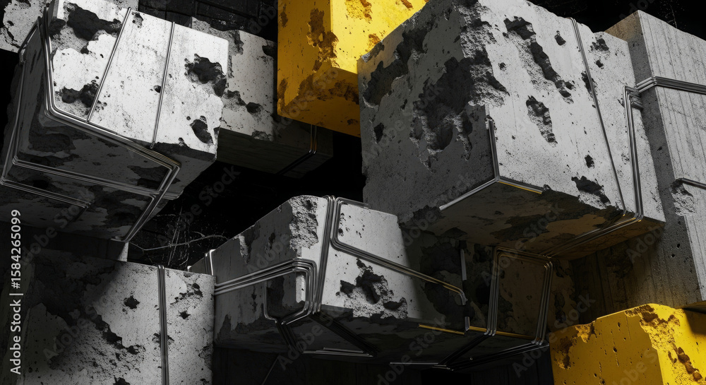 Aufkleber abstract composition of stacked, weathered concrete blocks with yellow accents, creating a complex g