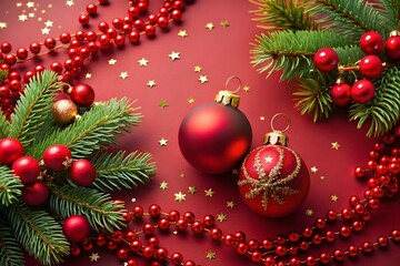 Naklejka premium Festive red christmas ornaments and pine branches adorned with glittering red beads and gold stars