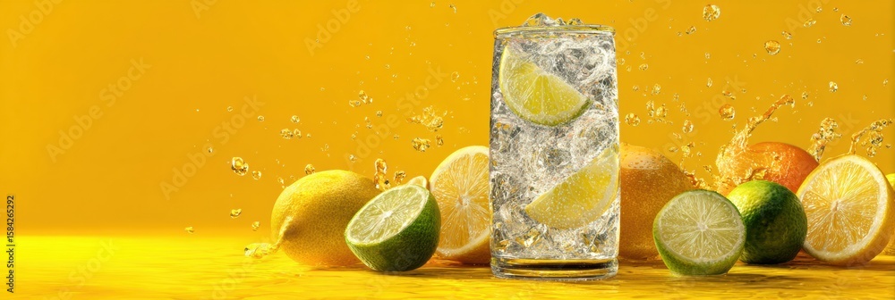 Poster refreshing sparkling lemon soda served in a clear glass with citrus fruits splashing in the backgrou