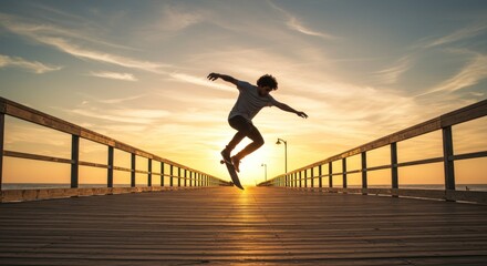 Silhouetted skater mid-air performing a trick at sunset on a pier creating a sense of freedom and
