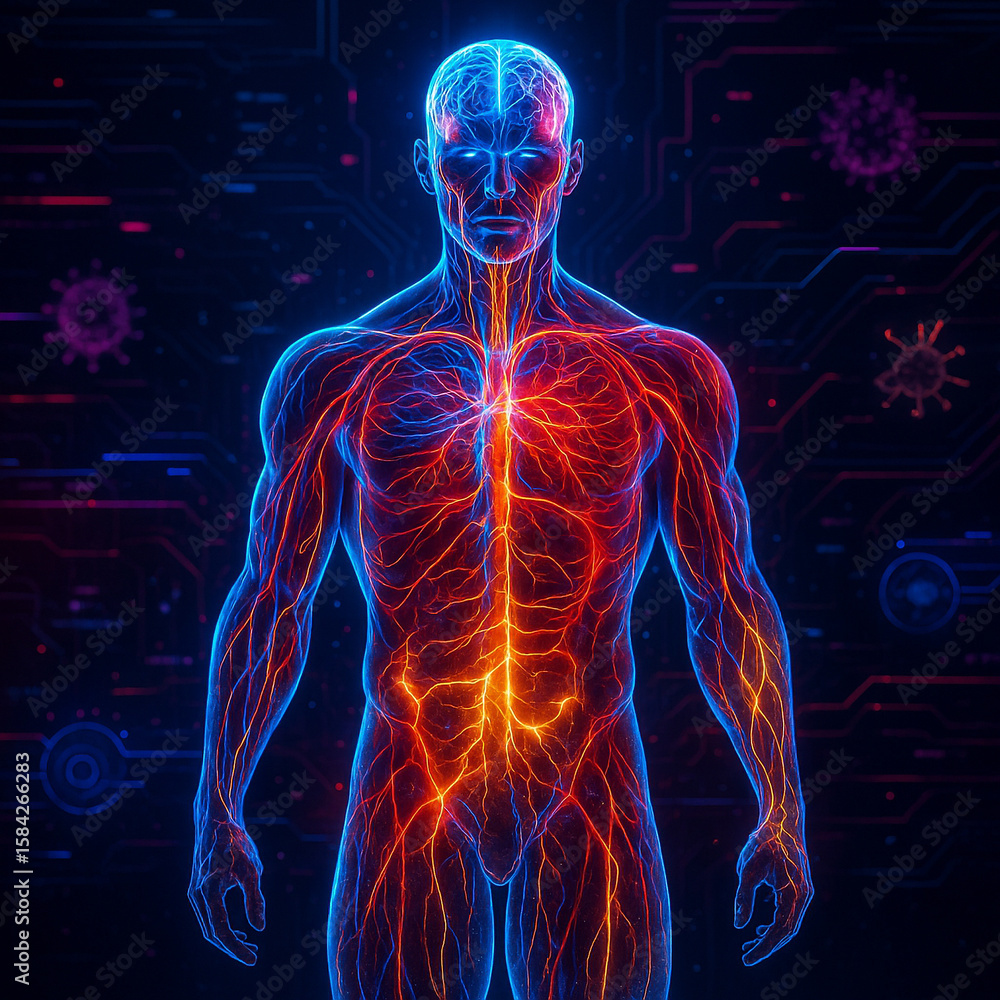 Poster ai generated ultra realistic glowing male body with neural and circulatory systems visualized in fut