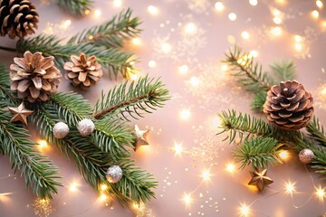 Naklejka premium Festive christmas fir branches adorned with pinecones stars and twinkling lights