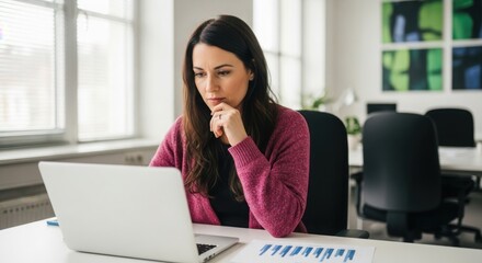 Obraz premium Photo of focused woman working on a laptop in a bright office setting