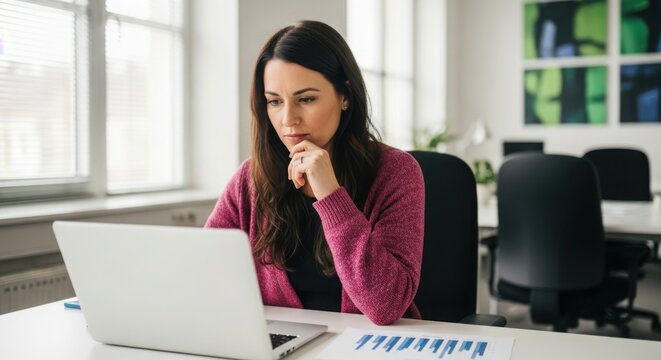 Photo of focused woman working on a laptop in a bright office setting