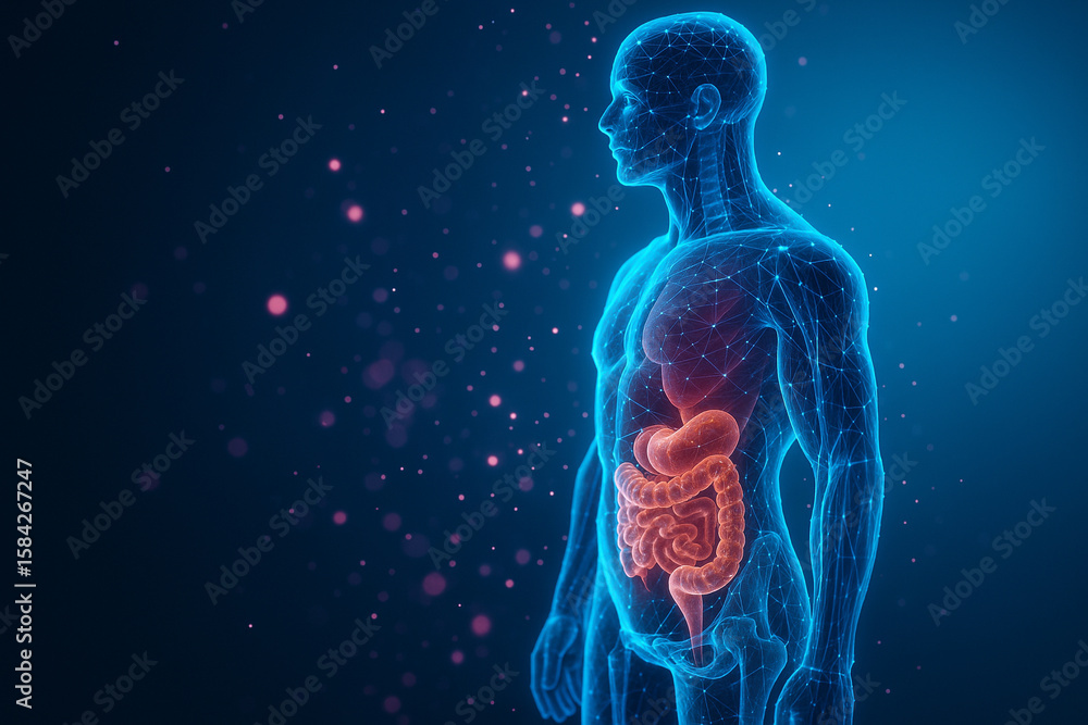 Poster ai generated anatomical side view of male torso with glowing internal organs and abstract mesh netwo