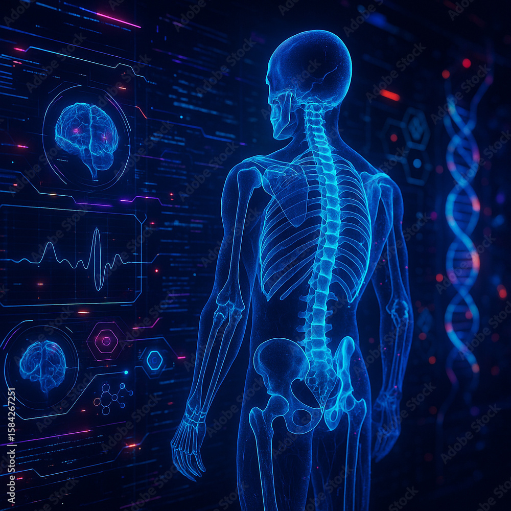 Poster ai generated digital xray style render showing full human skeleton from back view with futuristic da