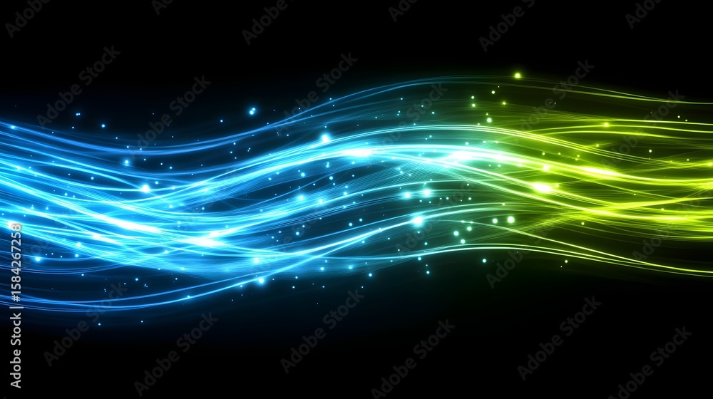 Poster abstract design of luminous, wavy lines with sparkling particles.