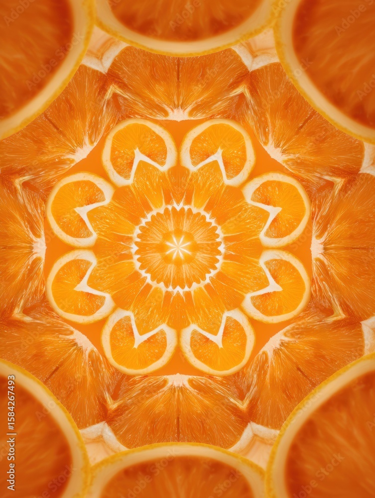Poster sliced oranges arranged in a mesmerizing mandala pattern with a stunning motion blur effect for a vi