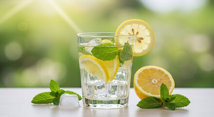 Fototapeta premium Refreshing Lemon Water with Mint and Ice Cubes on Bright Background