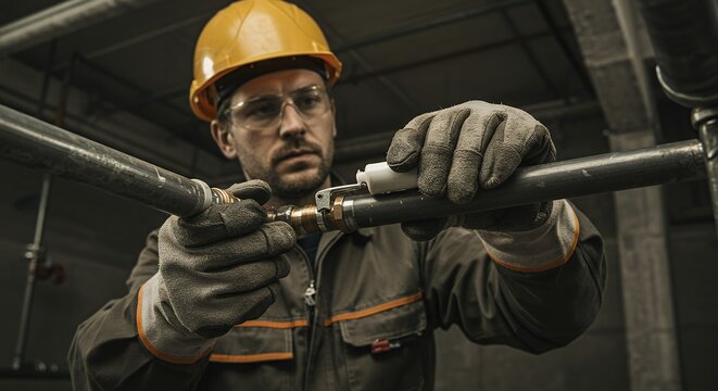 Skilled industrial worker in hard hat and safety glasses performing pipe maintenance or installation in a factory setting.