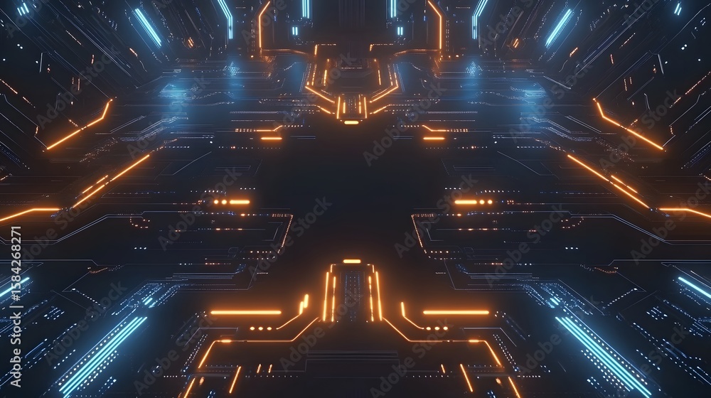 Poster abstract circuit pattern with vibrant neon light.