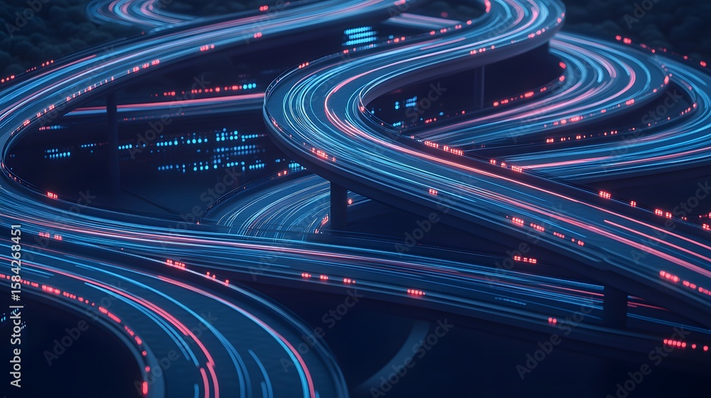 Poster intricate highway system with glowing lines.