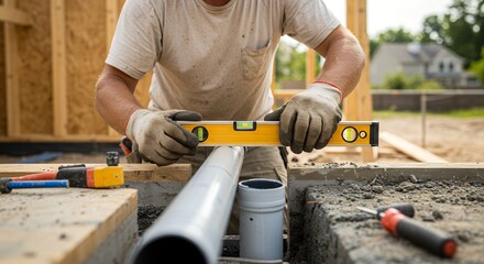 Hands of construction worker leveling plumbing pipe on building site