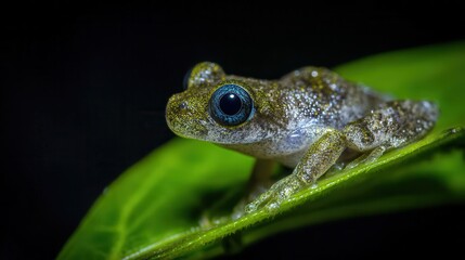 Obraz premium Close-up of a tiny frog on a vibrant green leaf.