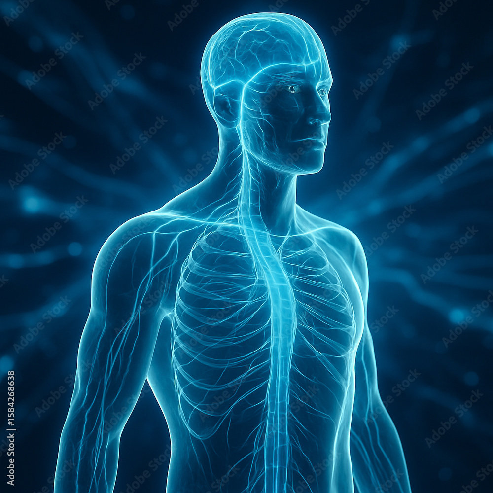 Poster ai generated translucent male figure in three quarter view with glowing nervous system and spine sho