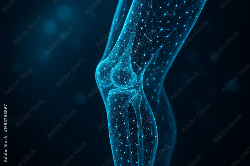 Poster ai generated ultra detailed knee joint visualization with glowing blue mesh lines and abstract sci f