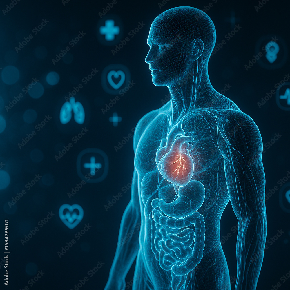 Poster ai generated digital male anatomy with internal organs and floating medical icons in glowing blue wi