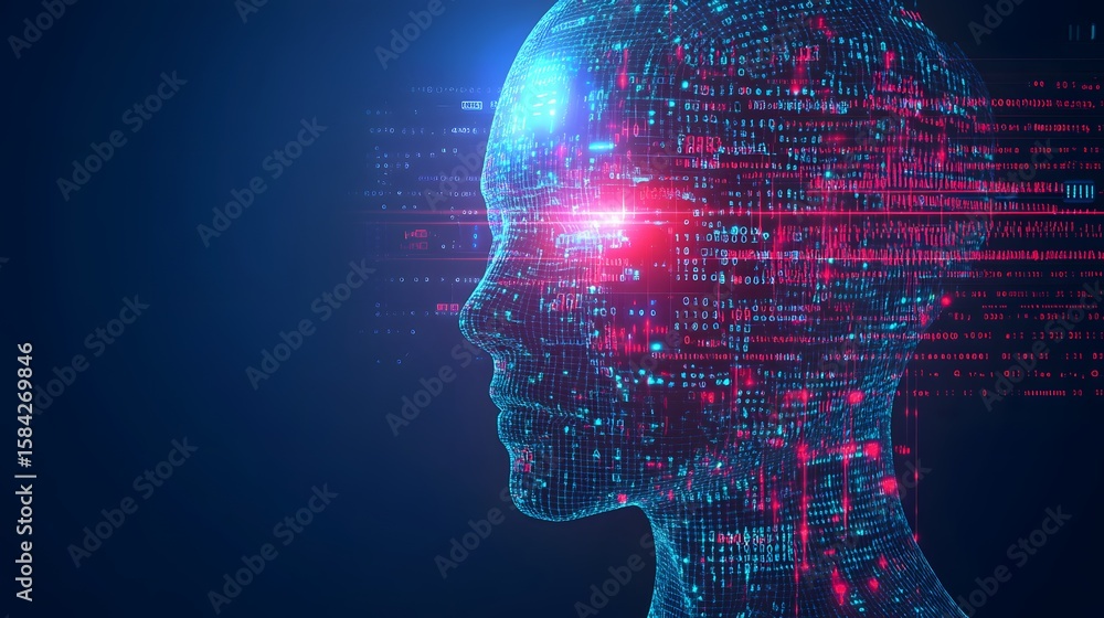 Aufkleber digital representation of a human head with binary code overlay.