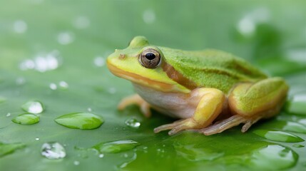 Obraz premium Close-up of a small, vibrant green frog on a wet leaf.